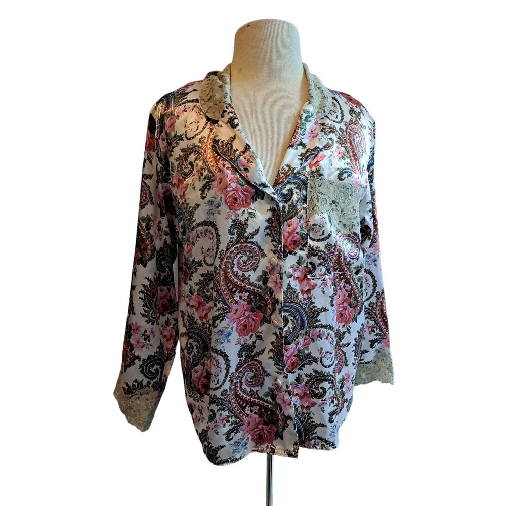 Vintage Victoria’s Secret Womens Size P Gold Label Pajama Top Silky Satin Floral